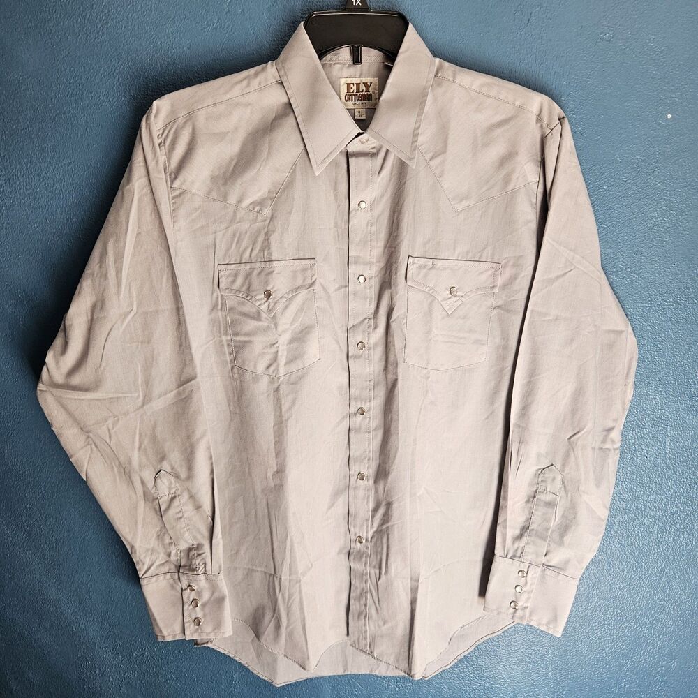Ely Cattleman Western Shirt Pearl Snap Mens L 16.5/35 Long Sleeve Solid Grey
